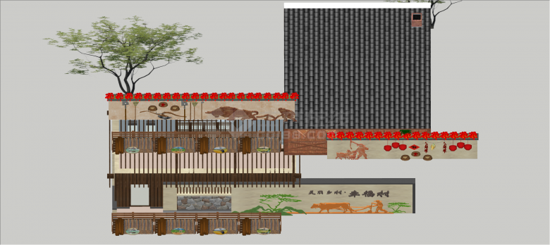 中式现代经典农耕文化景墙su模型-图一