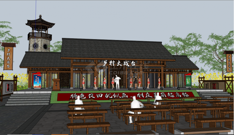 环境优美的有民族文化的中式乡村戏台su模型-图二