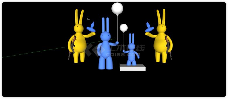 四个黄色蓝色兔子创意雕塑su模型-图一