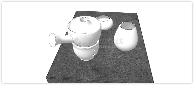白瓷窄口高杯矮杯茶壶茶具su模型-图二