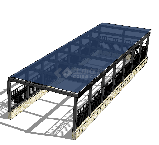 蓝黑色遮阳玻璃带钢铁围栏的地铁出入口su模型-图二