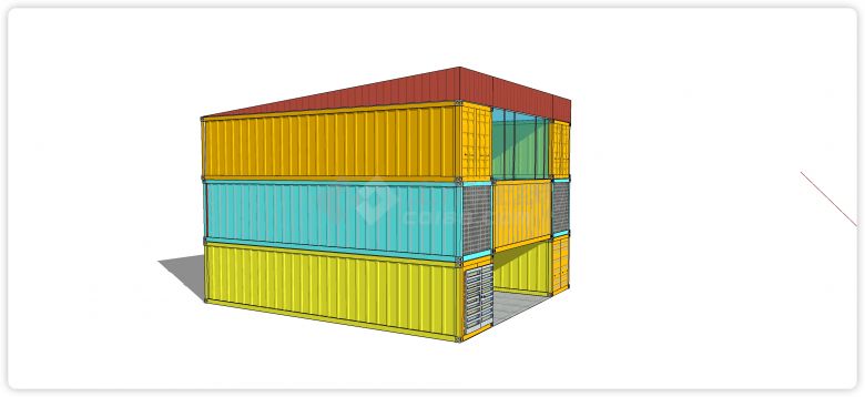 黄色蓝色红色拼接集装箱空间su模型-图二