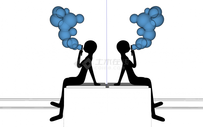两个黑色坐立小人吹蓝色泡泡现代雕塑su模型-图一