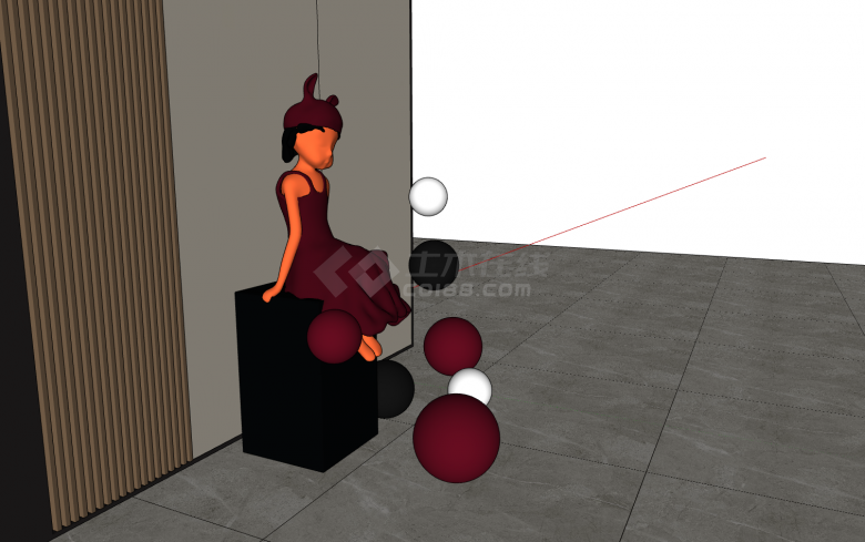 红白黑漂浮圆球红裙小女孩现代雕塑su模型-图一