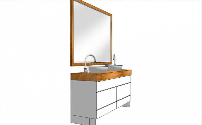 双台盆+大面积镜子木质边框和木质台面+白色收纳柜洗漱台su模型_图1