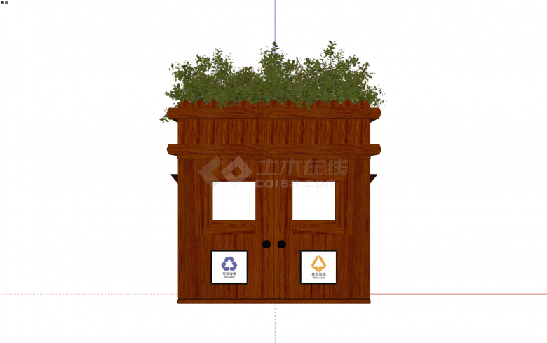 木质顶部带花卉种植的中式垃圾桶su模型-图一