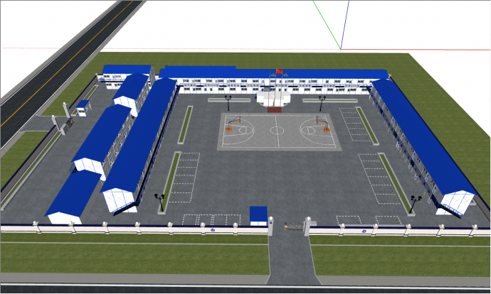 公路边三面建造双层蓝顶活动板房带户外篮球场和停车场su模型_图1