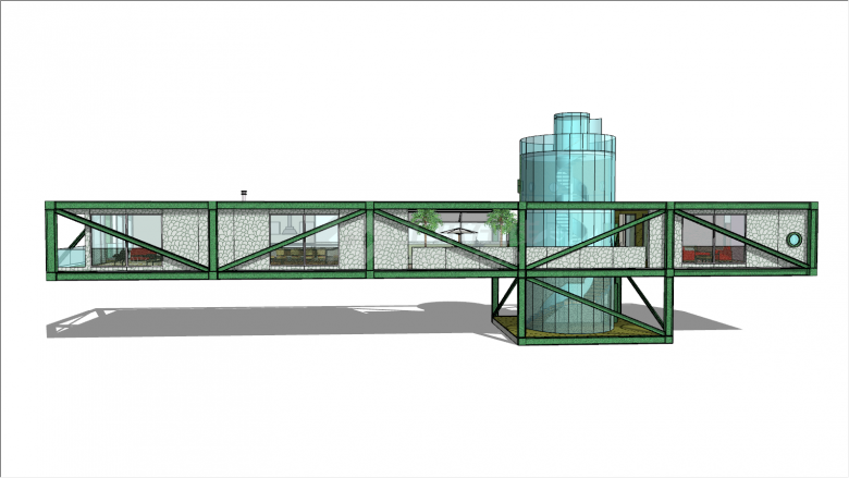 绿色框架长方体建筑物su模型-图一