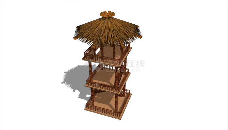中式实木搭建瞭望塔建筑物su模型-图二