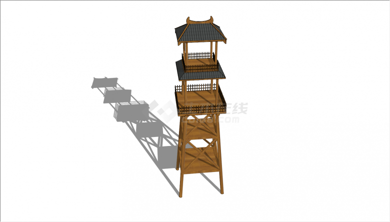 实木两层无楼梯瞭望塔建筑物su模型-图二