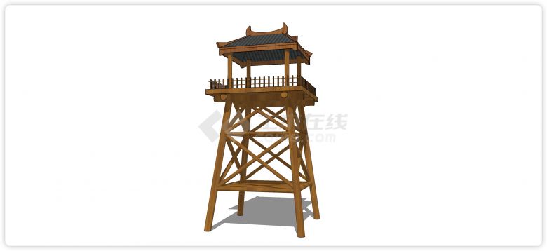 中式古代木结构牛头屋顶瞭望塔su模型-图一