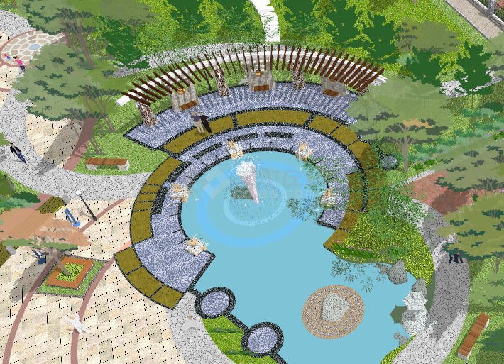 水池喷泉休闲广场su模型-图二