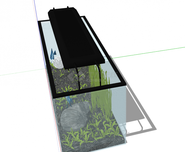 长方体四面玻璃顶部镂空设计搭配砂石水草造景的鱼缸su模型-图二