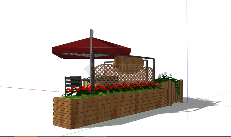 带茂密的花池的红色的遮阳伞的户外座椅 su模型-图二