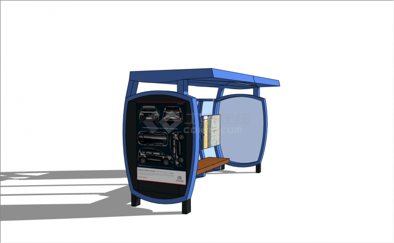 蓝色配色搭配透明蓝色玻璃悬空座椅科技感公交站台su模型-图二