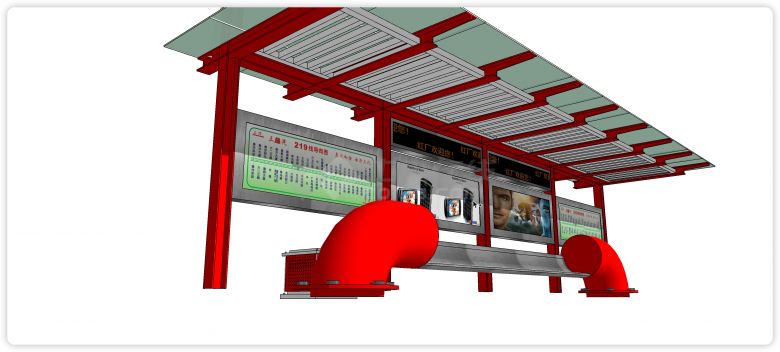 红色钢结构水管造型座椅现代公交车站su模型-图二