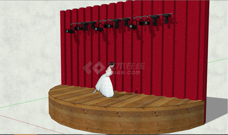 棕色木质的舞台红色的背景舞台 su模型-图二