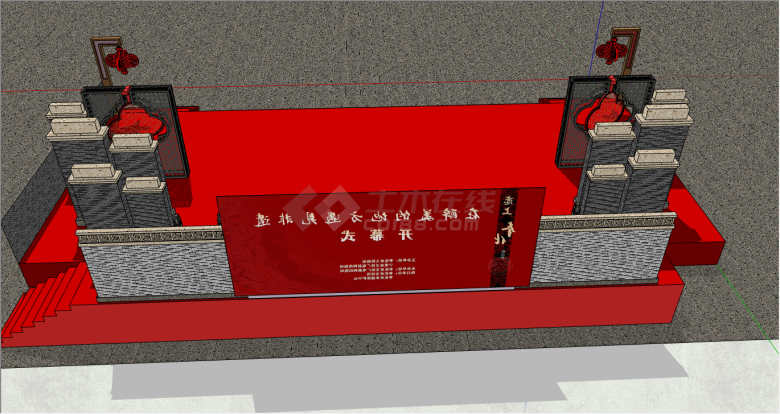 中式古典红色经典舞台su模型-图一
