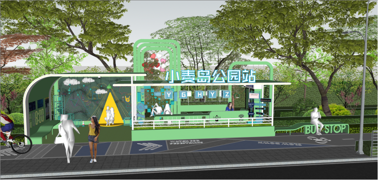 都市浅绿白色系公交车站su模型-图二