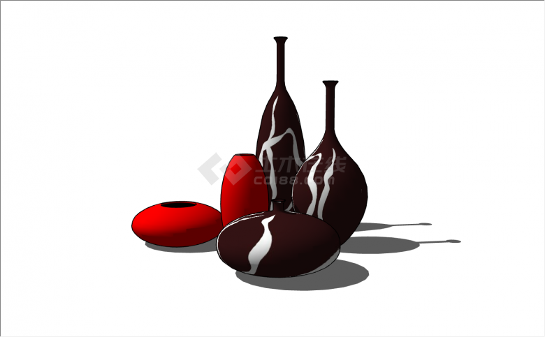 3个白棕条文2个纯红色造型各不相同的瓶子su模型-图二