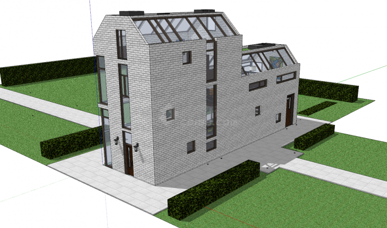 两层带绿色庭院和顶楼阳光房的现代民宿su模型-图二