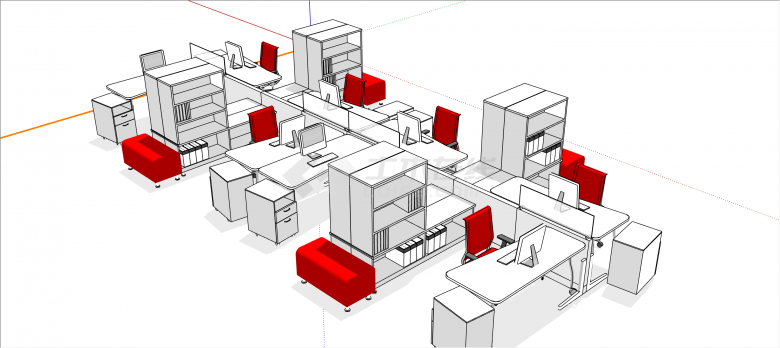 现代带柜子收纳组合办公桌su模型-图二