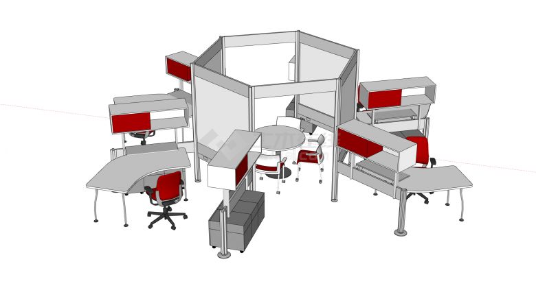 六边形办公空间中心会议室白色办公桌su模型-图一