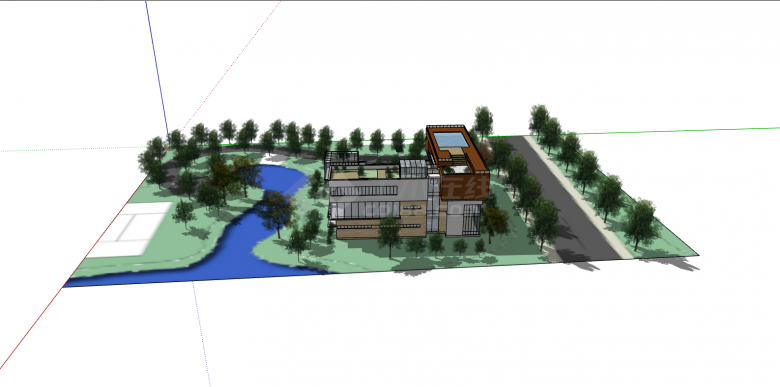 绿树环绕的楼顶带游泳池的现代民宿别墅SU模型-图一
