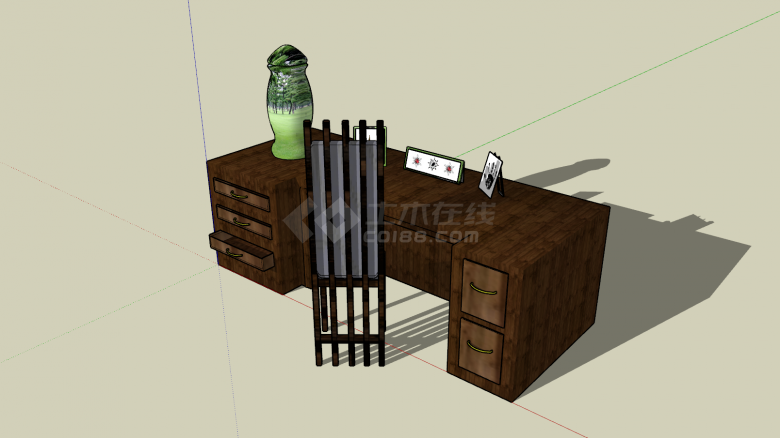 书桌木制桌椅多抽屉su模型-图一
