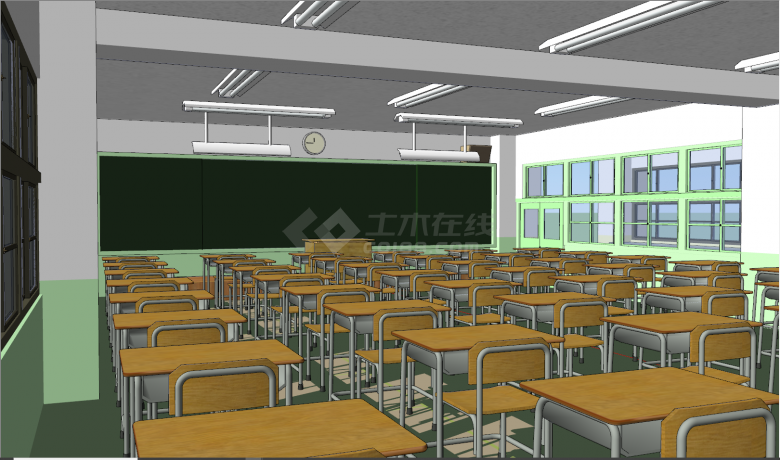 现代绿色窗框教室su模型-图二