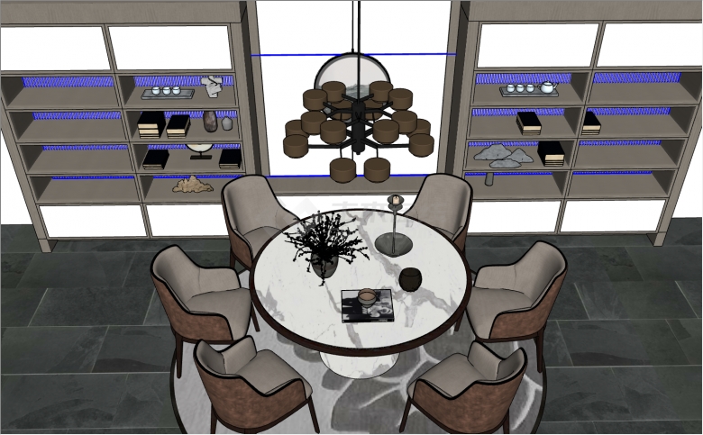 大圆桌包含6人位且墙上有2大排书架的宴会厅su模型-图二