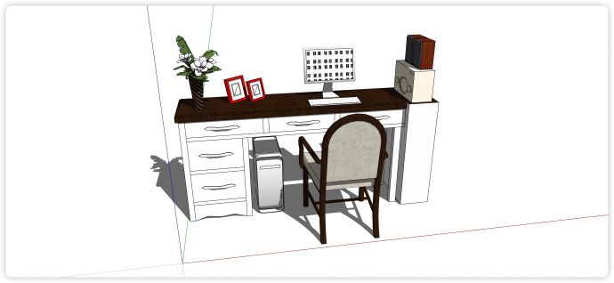 中式白色柜体胡桃木桌面书桌su模型_图1