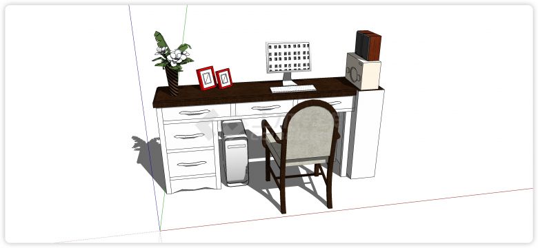 中式白色柜体胡桃木桌面书桌su模型-图一
