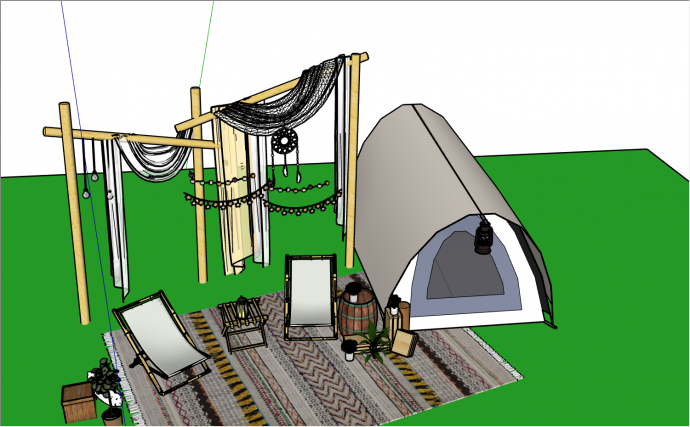 三角锥形状的露营帐篷，帐篷外设有休息毯和2把休息椅su模型_图1