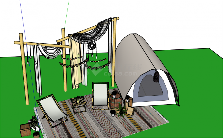 三角锥形状的露营帐篷，帐篷外设有休息毯和2把休息椅su模型-图一
