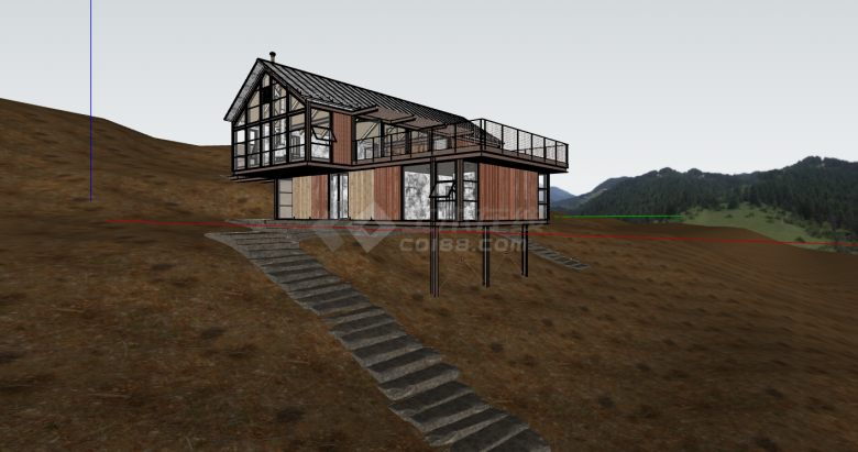 双层大坡顶木屋树屋su模型-图二