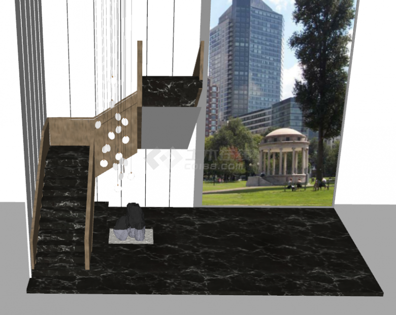 现代大理石黑色加木制旋转楼梯su模型-图二