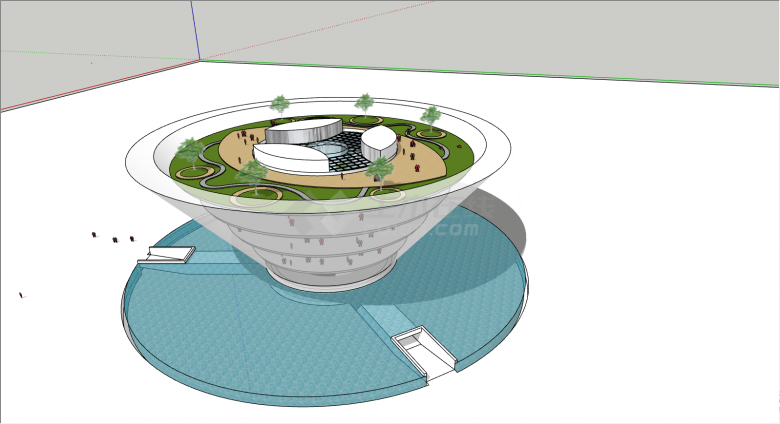 圆形的喇叭状的下方带水池的艺术中心su模型-图一