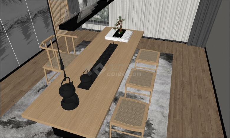 新中式木质长桌一人主位三人客位组合su模型-图二