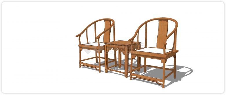 柚木圆角扶手弧形靠背白色坐垫单椅su模型-图二