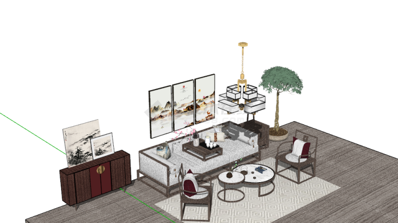 大客厅整装科技布北欧现代中式风格家具组合套装su模型-图二