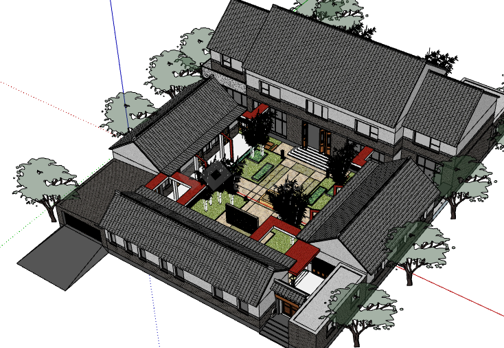 四合院黑顶中式民宿 su模型-图一