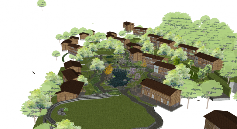 绿树环绕的木结构的村庄改造民宿su模型-图一