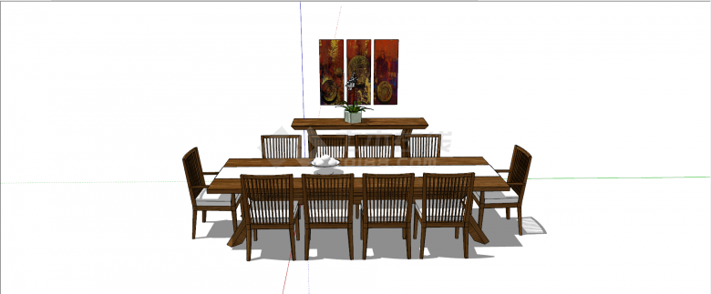 新中式长方形实木十人连体餐桌组合su模型-图一
