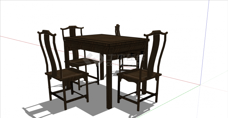 新中式木制方桌带四把椅子su模型-图二
