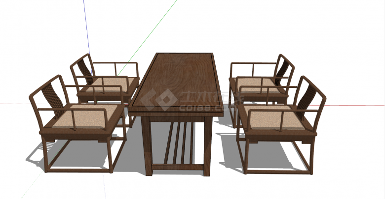 木制方形带四个中式椅子的餐桌su模型-图二