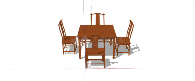 新中式正方形棕色纯木花纹餐桌组合su模型-图一