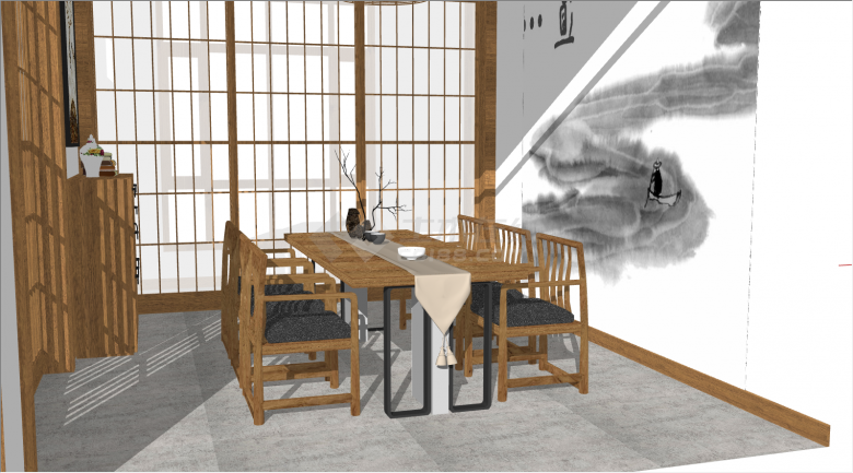 新中式原木风长桌椅组合su模型-图二