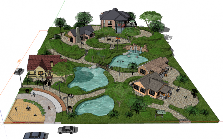 带池塘公园草坪的单层欧式民宿 su模型-图二