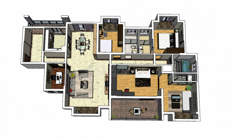 大平层五室两厅户型su模型-图二